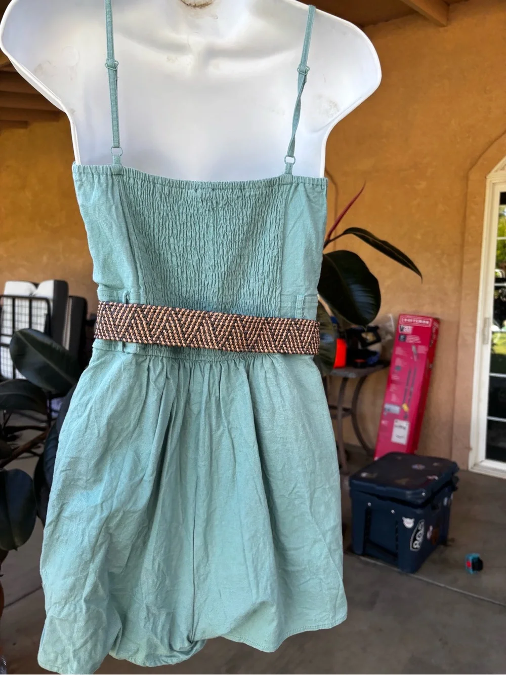 Chocolate Teal Smocked Waist Linen-Blend Top - Picture 3 of 9